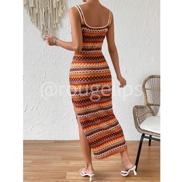 Knit Striped Tank Dress Side Leg Slit Long Ribbed Multicolor Long, Slim - Picture 4 of 13